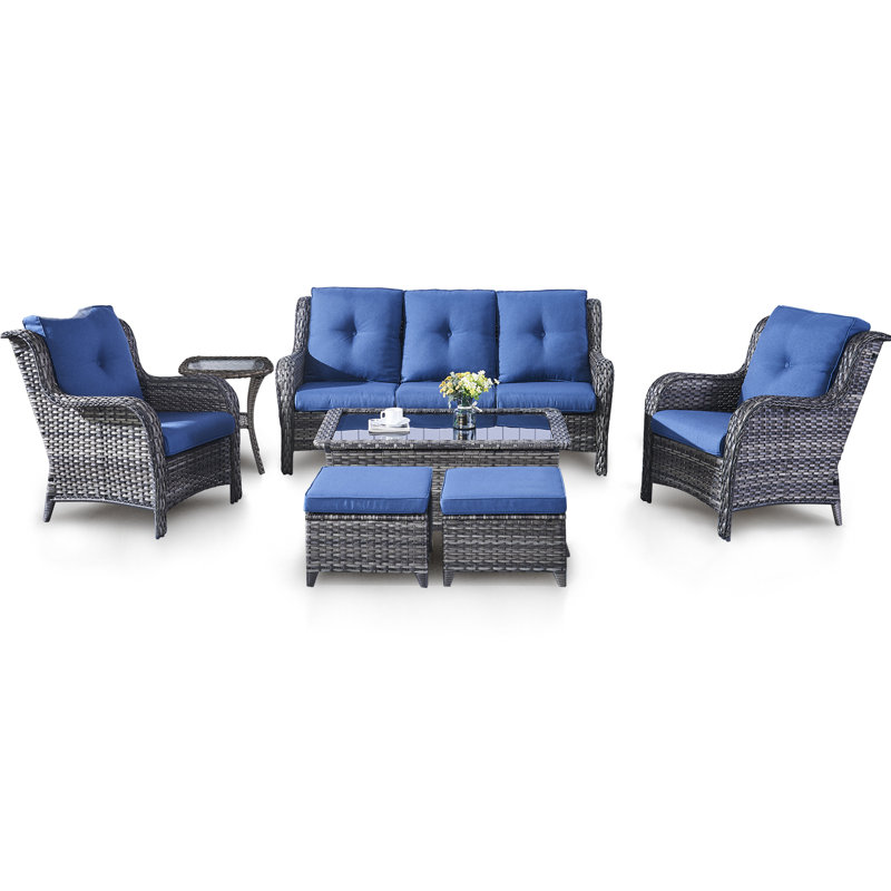 Ensemble de conversation avec canapé en rotin 7 pièces avec coussins Bonia, Structure grise / coussin bleu