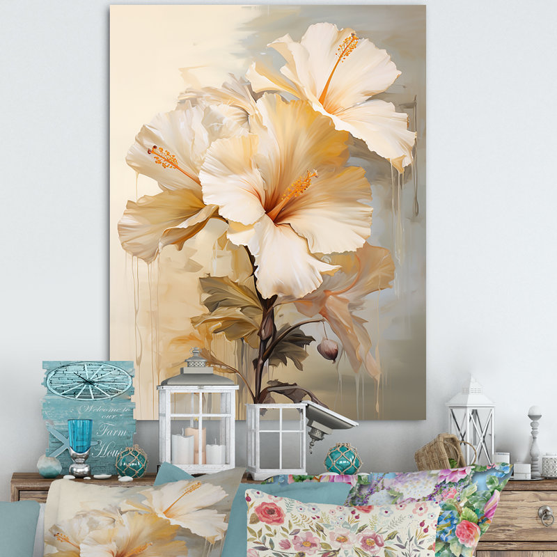 Peinture d'hibiscus beige III, Toile tendue, H 44 po x l 34 po x P 1,5 po