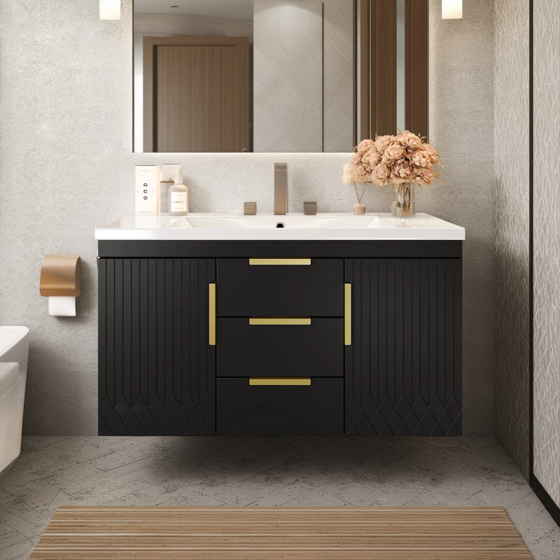 36" Wall-Mounted Floating Bathroom Vanity with 2 Drawers, Solid Wood Cabinet, Black