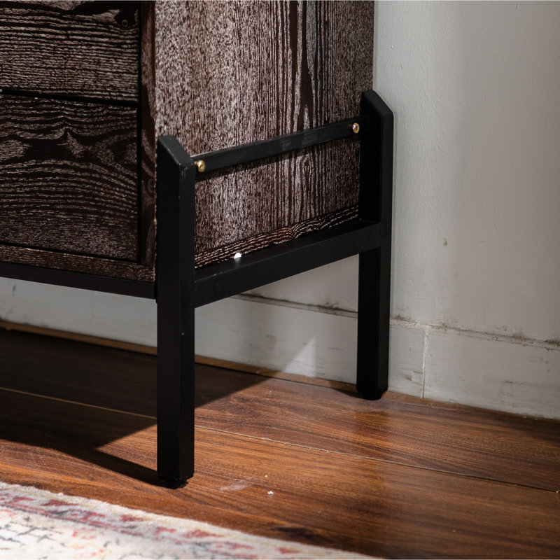 Buffet de console de style moderne du milieu du siècle, 49,27 po, 6 tiroirs, en bois massif, motif géométrique en losange 3D, pieds en métal noir, idéal pour la chambre d'enfant ou un appartement.
