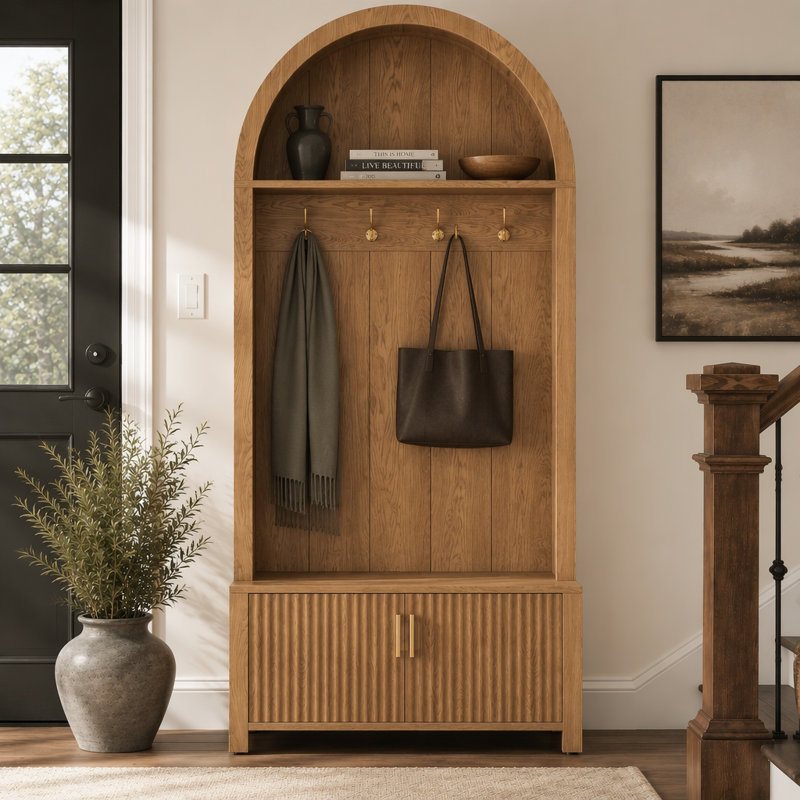 Portemanteau arqué avec banc et rangement pour chaussures, rangement pour vestibule avec 4 crochets et 2 portes cannelées, mobilier de style maison de campagne pour les entrées