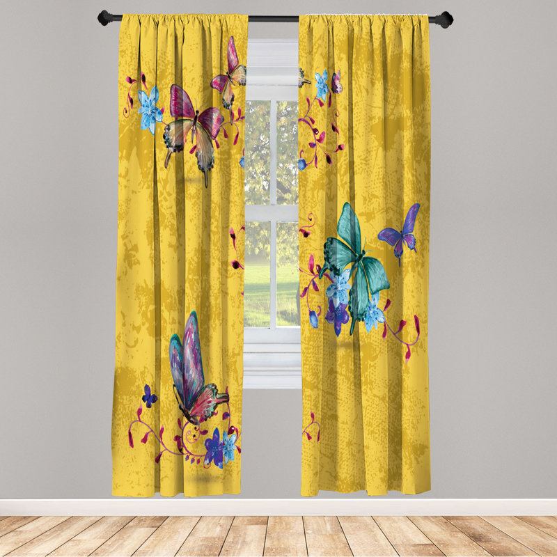 Microfiber Floral Semi-Sheer Rod Pocket Curtain Panels, 28" W x 63" L, Yellow/Turquoise