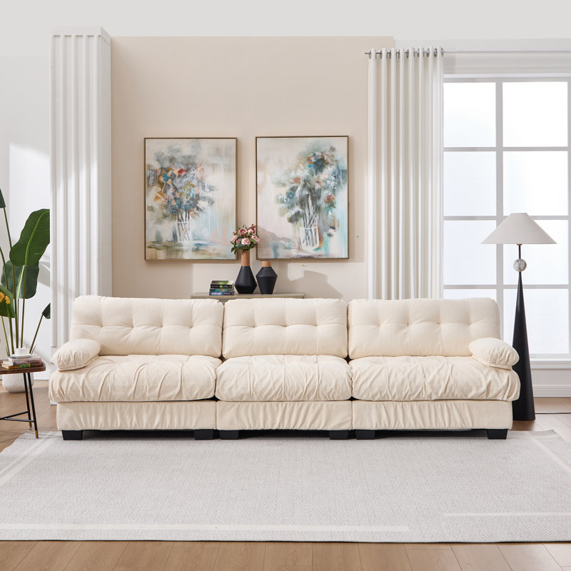 Canapé d'angle modulaire infonuagique, moderne et profond, pour le salon ; flanelle confortable et de première qualité pour la chambre ; dimensions généreuses (123 x 35 x 35 pouces) ; 5 coussins décoratifs inclus ; ensemble de 3 pièces en bois massif beige en forme de L ; modulable.