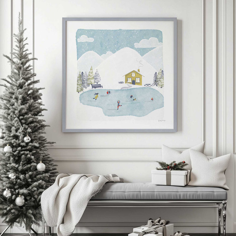 Winter Skating Adventure Print, 13.75" H x 13.75" W, Weathered Zinc Single Picture Framed, Solid Wood