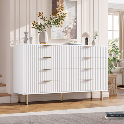 55" Wide Fluted 8 Drawer Dresser for Bedroom, Modern Wooden Chest of Drawers with Deep Storage Organizer