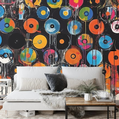 Colorful Graffiti Vinyl Record Splatter Wall Mural for Home Decor