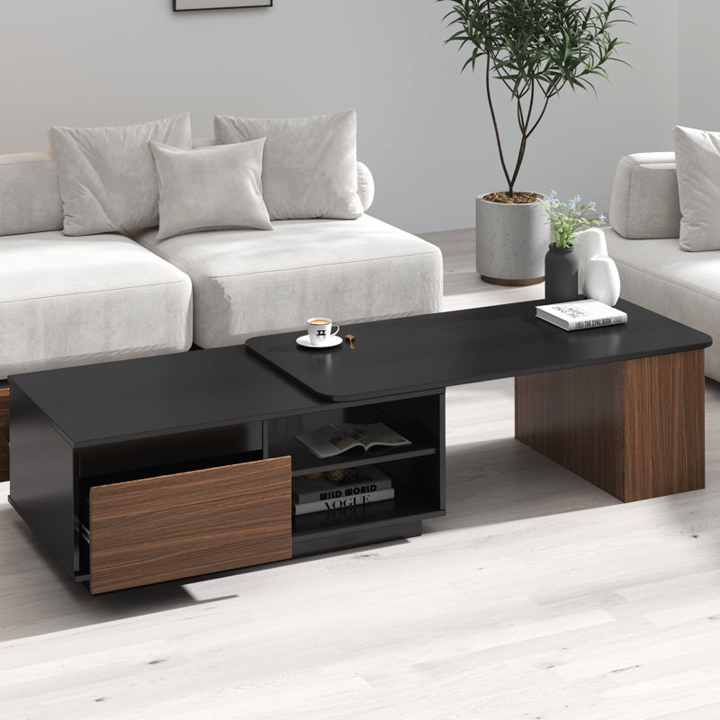 Table basse extensible, table basse en bois réglable en longueur avec 2 tiroirs de rangement pour le salon, grande table centrale rectangulaire longue