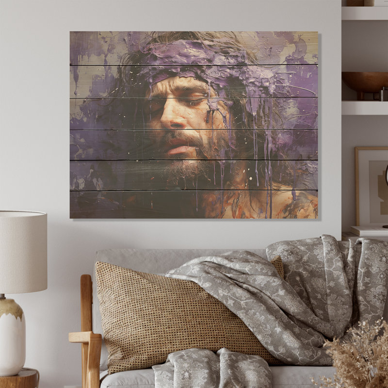 «Jesus Passions», collage mural mauve, art mural sur bois de pin naturel, H 30 po x l 40 po