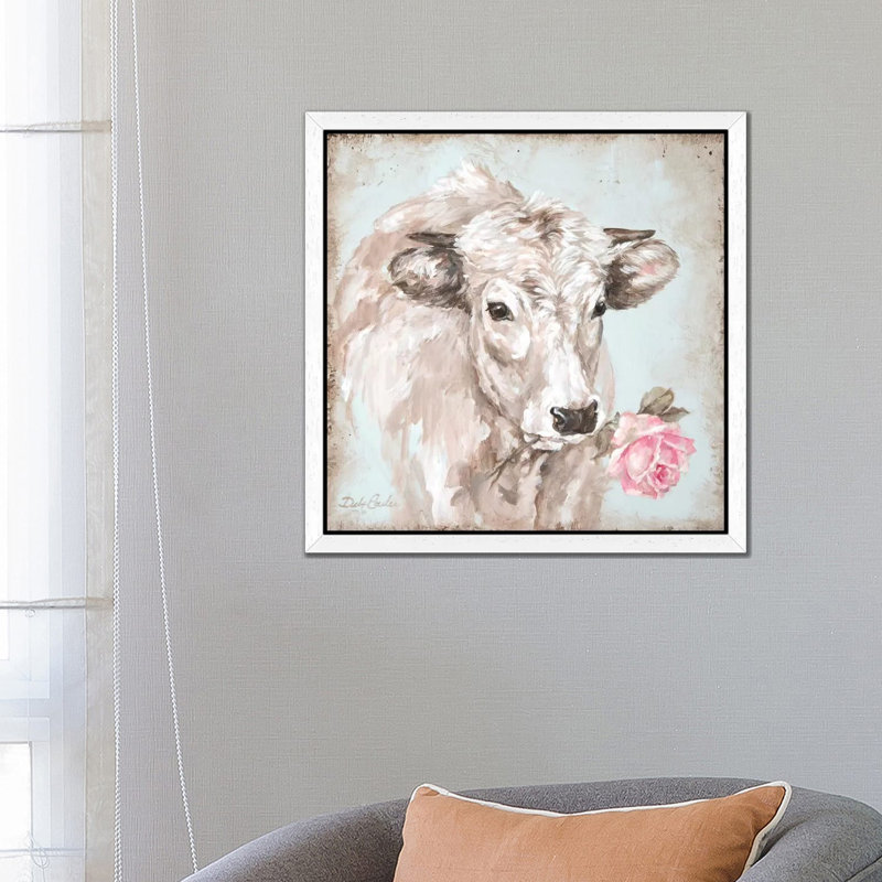 Cow With Rose II by Debi Coules - Floater Frame Painting on Canvas, 45.72 cm H x 45.72 cm W, White
