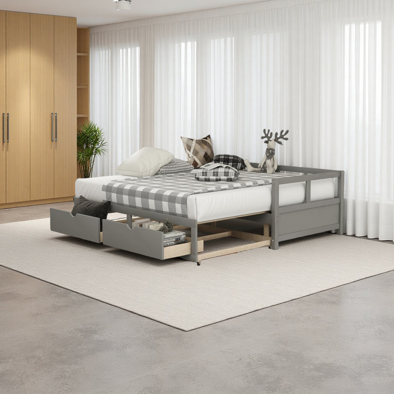 Wooden Daybed With Trundle Bed And Two Storage Drawers , Extendable Bed Daybed,Sofa Bed For Bedroom Living Room, Gray