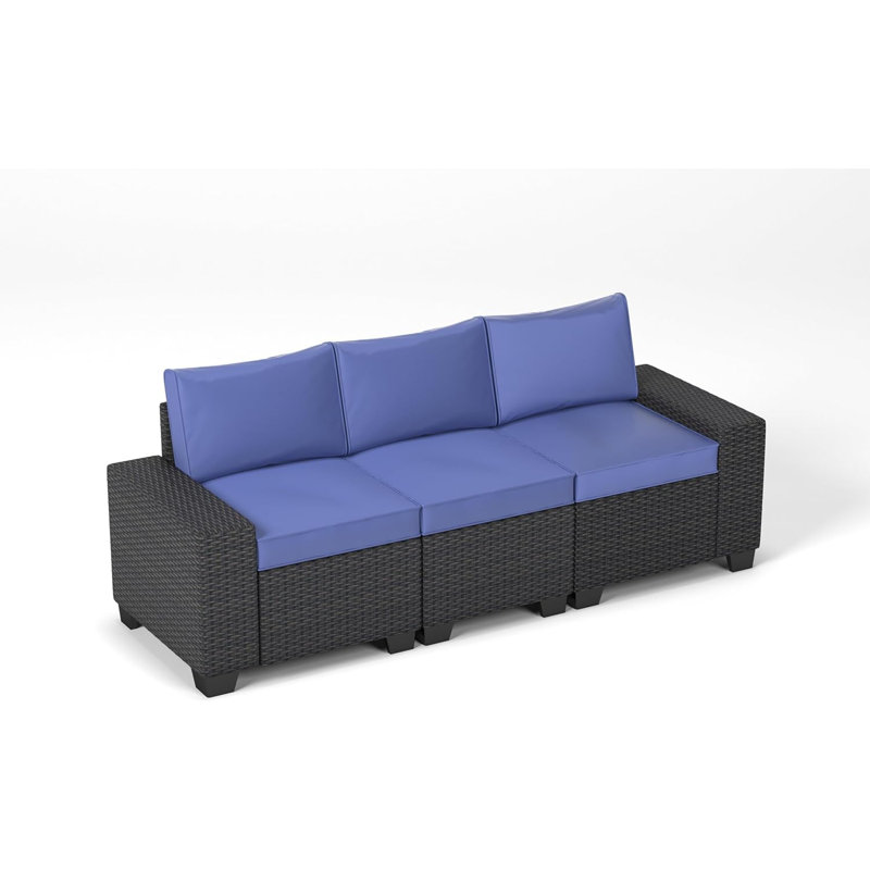 Ensemble de meubles de patio en osier de rotin 6 pièces avec canapé modulaire, table basse et coussins épaissis, Bleu, Brun