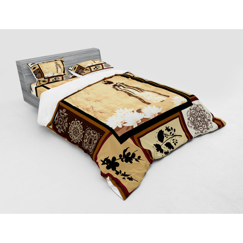 Japanese Eclectic Polyester Coverlet, Queen Duvet Cover + 3 Additional Pieces