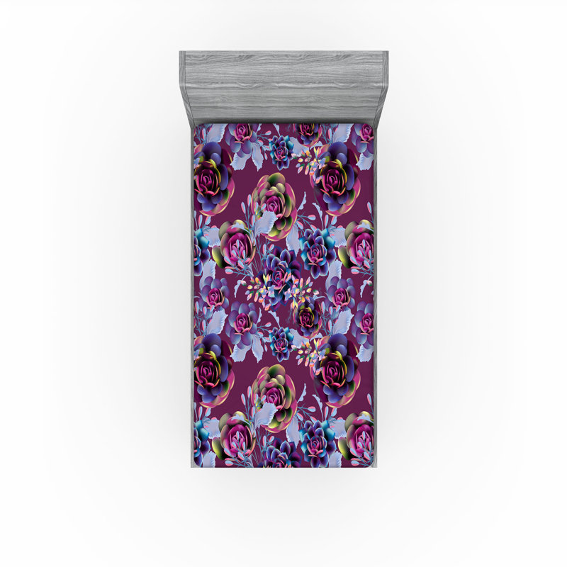 Drap-housse Ambesonne, Drap-housse de taille simple, Magenta foncé, bleu ciel, bleu / floral