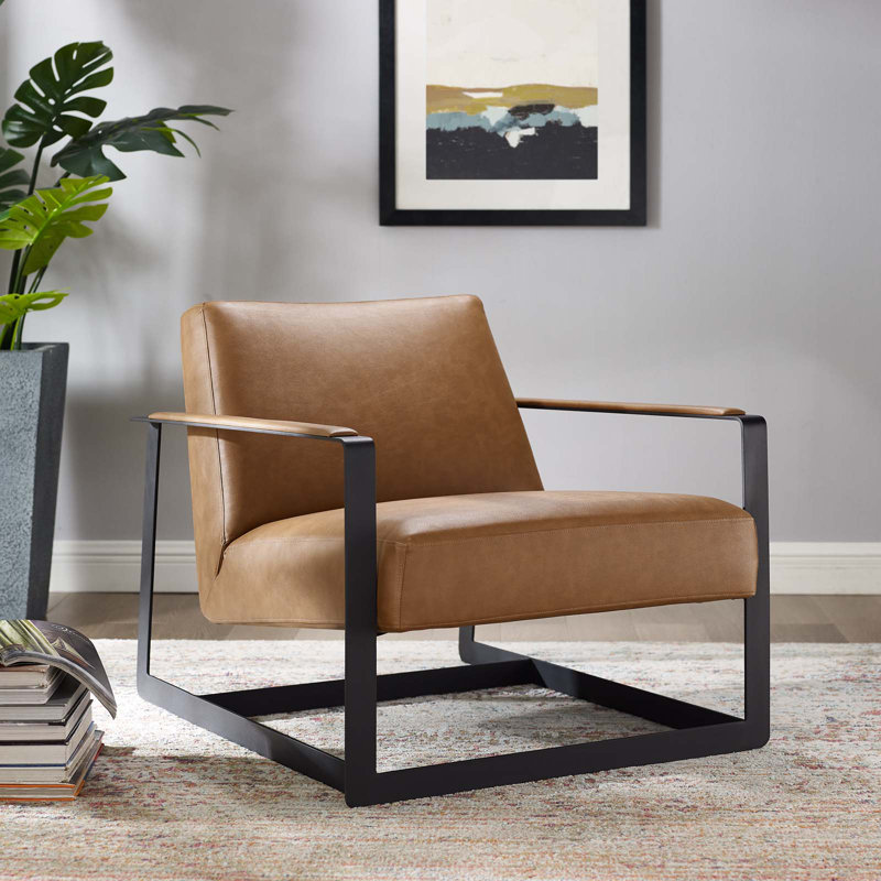 Tan Faux Leather Barrel Accent Chair with Metal Frame