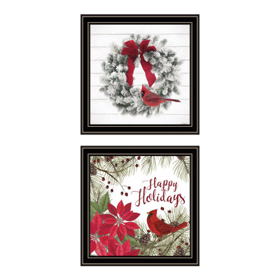 The Holiday Aisle® 2 pièces vignette cardinal couronne pour le salon, impression d'art mural pour la chambre à coucher pour la décoration intérieure par Linda Spivey