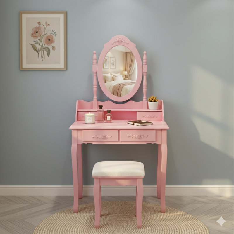 Pink Princess Vanity Desk Set With Mirror And A Cushioned Stool. A 4-Drawer Wooden Makeup Vanity Table Designed For Girls' Bedrooms, This Dressing Table Offers Ample Storage.