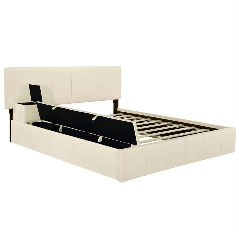 Lit plateforme tapissier avec compartiments de rangement latéraux et tissu épais, Beige