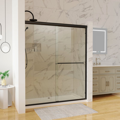 60 po X 70 po Porte de douche coulissante traditionnelle en noir mat avec verre transparent
