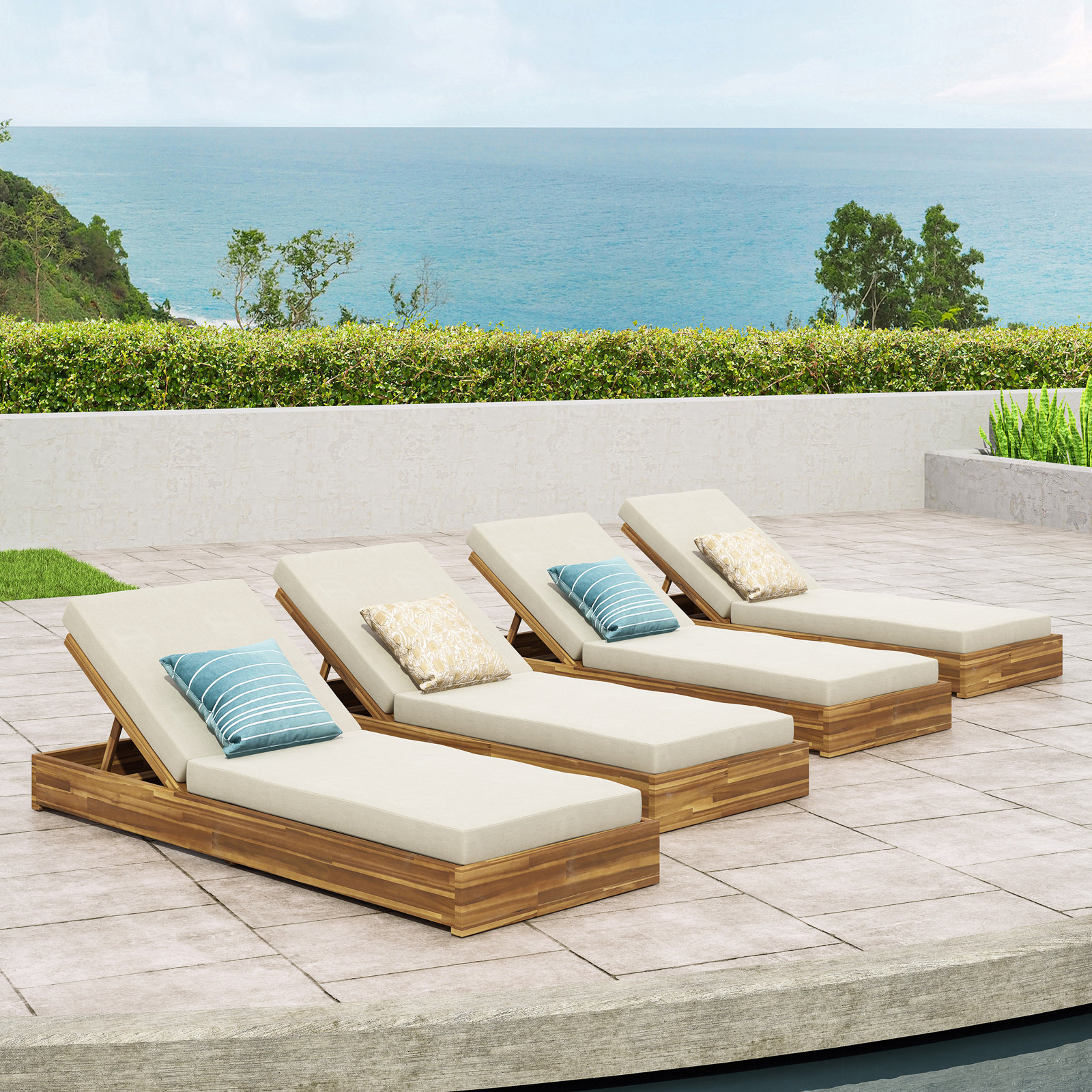 Donnie 30" Acacia Patio Chaise Lounge Set, Cream Cushion/Teak Frame, Set of 4