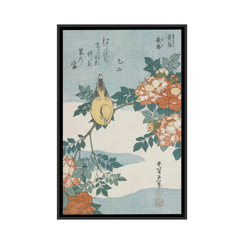 «Black-Naped Oriole and China Rose, c.1833» par Katsushika Hokusai, reproduction d'art sur toile, Toile avec cadre noir