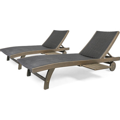 Of Two Chaise Lounges, Grey, Made Wood, Seat, Pull-Out Side Tray, Weather , Assembly Required 2Pcs Wood Material, Seat And Tray For A Comfy Area To Unwind