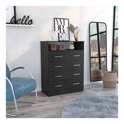 Four Drawer Dresser, Superior Top, One Open Shelf, Black