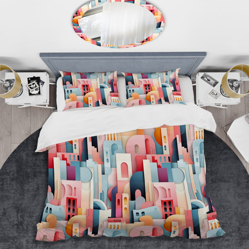 Cityscape Lines Striped Pattern I Abstract Duvet Cover, King Duvet Cover + 2 King Shams