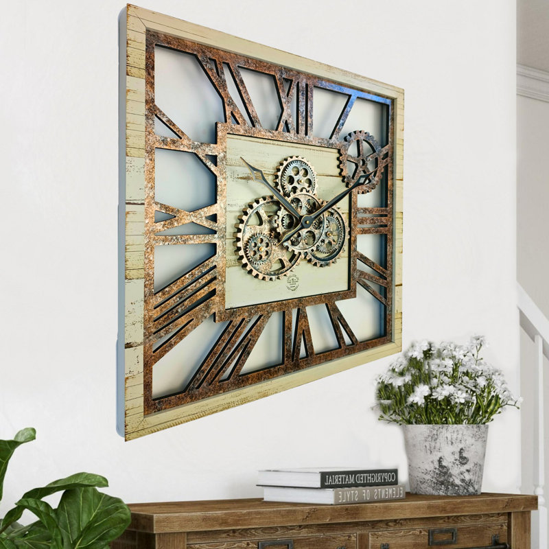24'' Desert Beige Square Wall Clock with Real Moving Gears