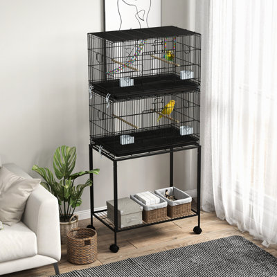 PawHut Double Stackable Bird Cage with Stand, Wooden Swing, Rope Ladder & Wheels for Canaries, Lovebirds Finches, Budgie Cage with Storage Shelf, Removable Tray, Wooden Perches & Food Containers