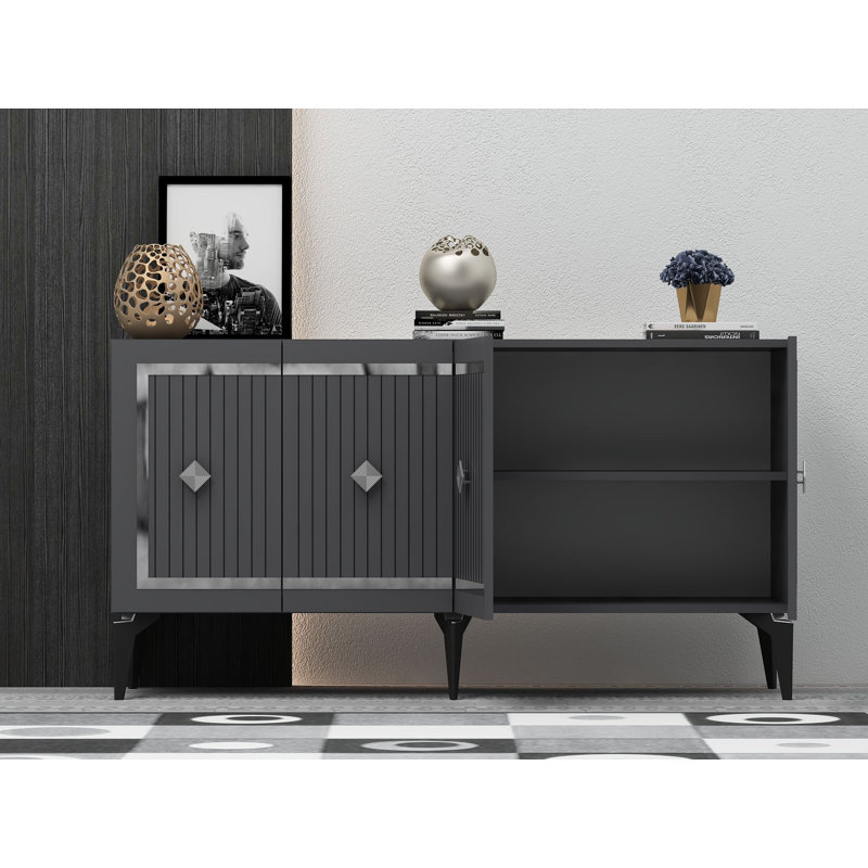 Console moderne, anthracite et argent, panneau de particules recouvert de mélamine à 100%, épaisseur: 0,7 pouce | Fixation murale, tablettes multiples, conception géométrique pour les espaces contemporains
