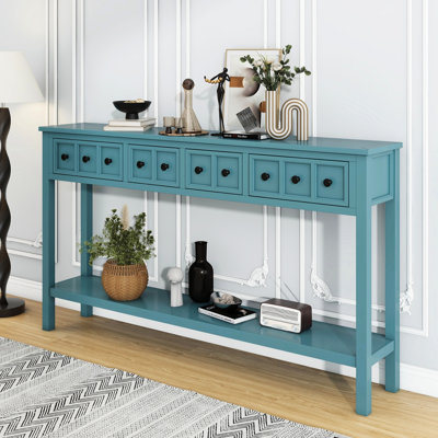 Table d'entrée rustique, 60 po avec deux tiroirs et une tablette inférieure pour le rangement, longue console au fini turquoise
