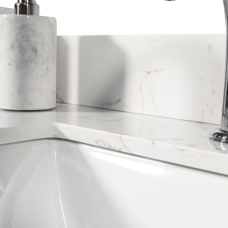 43x22 Inch Engineered Stone Bath Vanity Quality - White Marble Color, Rectangle Undermount Ceramic Sink, Back Splash, Faucet Hole Obligation Characteristic Assurance