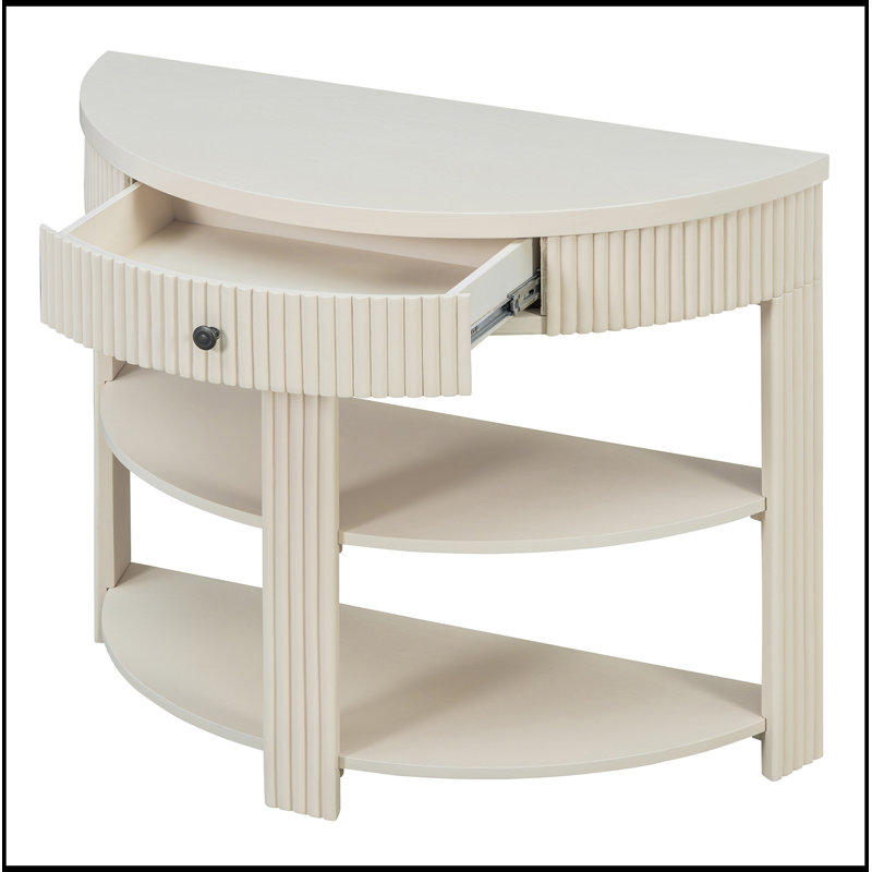 Console demi-lune avec tiroir et 2 tablettes, Crème