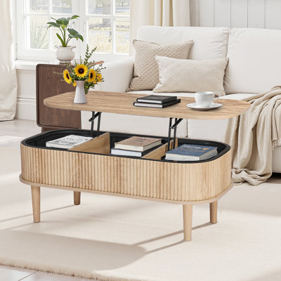39.4in Lift Top Coffee Table Fluted Oval Desk Hidden Compartment Burlywood