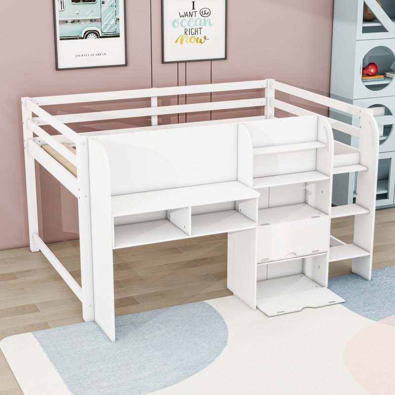 Lit mezzanine double en bois avec armoires de rangement intégrées, tablettes, bureau et tableau blanc, Blanc