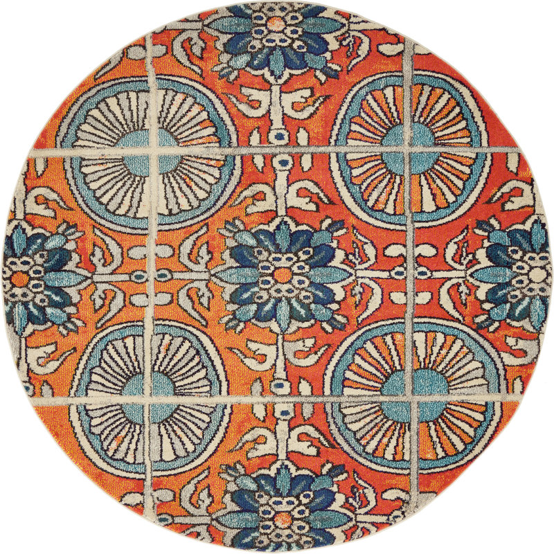 Tapis géométrique orange / bleu / brun Eddins, Rond 6 pi 1 po