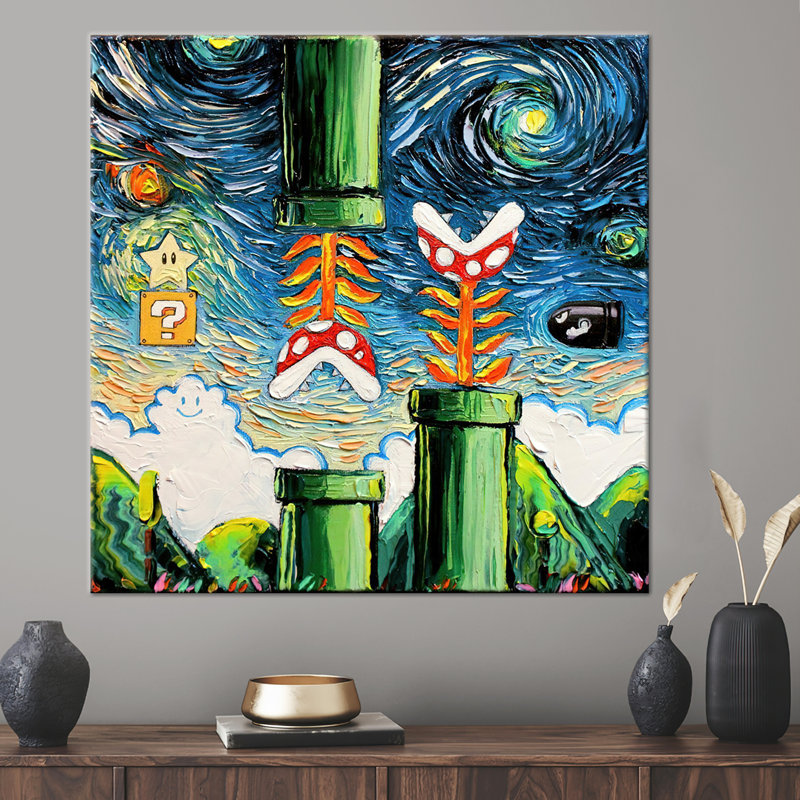 Van Gogh Style Mario Painting, Modern Wall Art, Gaming Room Wall Decor, Super Mario World Wall Art, Starry Night Wall Decor,