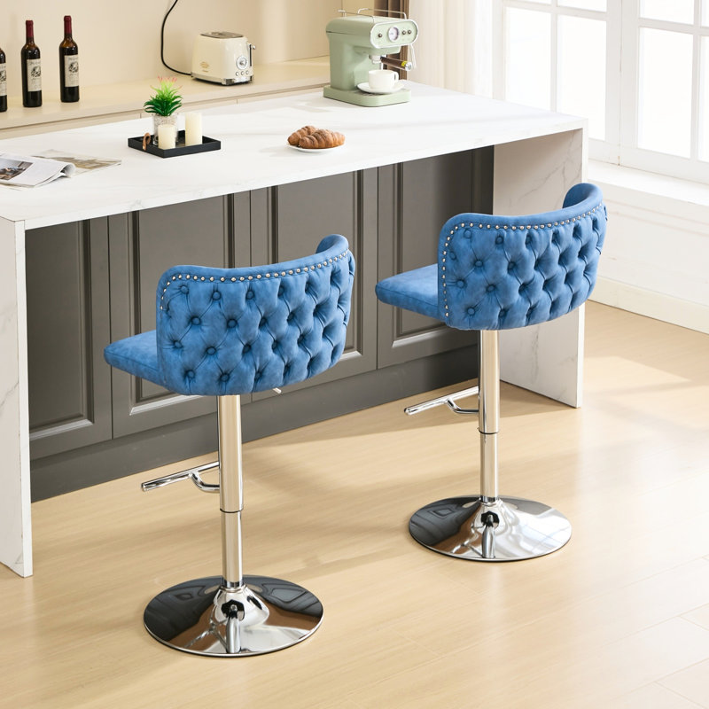 Tabourets de bar bleu à hauteur réglable, 2 revêtus de cuir PU, pivotant sur 360 °, dossier ergonomique avec support à la taille, base robuste de 17,7 po, 2 pièces de 25 à 33 po, stable pour îlot de cuisine de pub