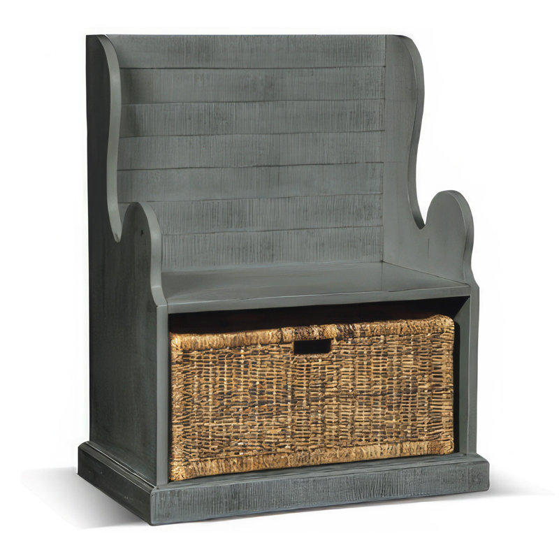 Banc de vestibule Eulie Hall avec panier en rotin, bois d'acajou bleu rustique