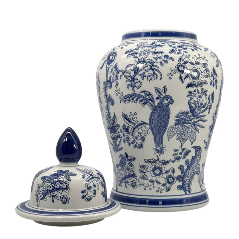 Pot en céramique à motif floral chinois bleu et blanc avec perroquet, 63,5 cm