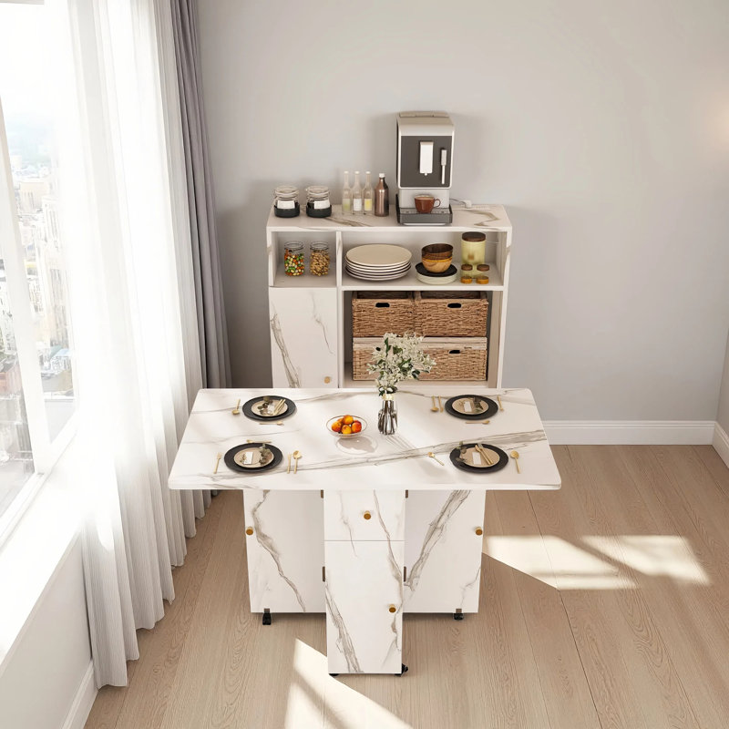 Folding Dining Table And Storage Sideboard With Charging Station, Multifunctional Space-Saving Kitchen Table With Wheels