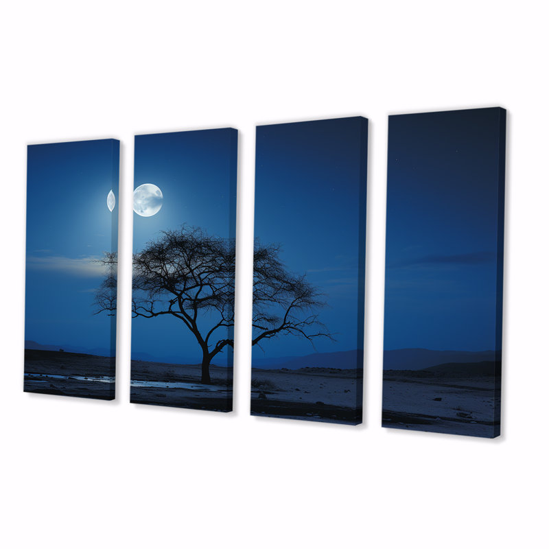 «Blue Moonlight Tree Desert», art mural 4 pièces, H 32 po x l 64 po