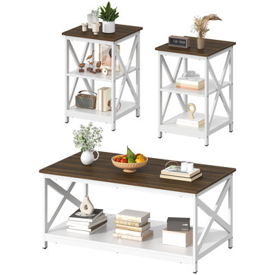 Living Room Coffee Table Set of 3, Industrial X-Design Coffee Table and 2 End Side Tables, 3 Piece Living Room Table Set with Large Storage for Apartment Home