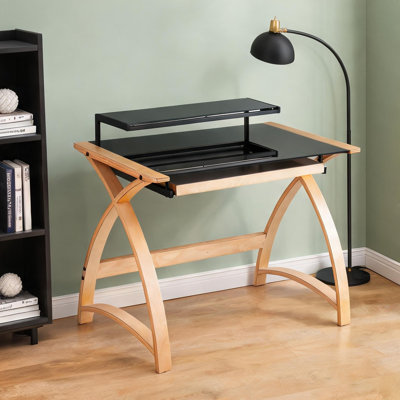 Bureau d'écriture en verre trempé noir mat avec huche intégrée, moderne Mid-Century, largeur de 43 pouces, bois et verre