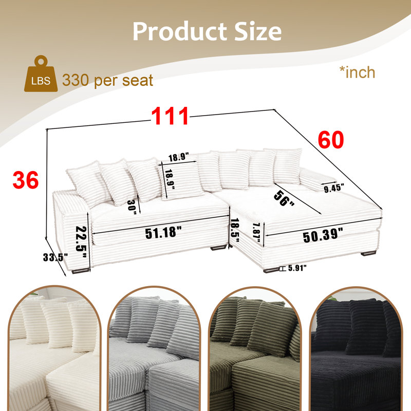 Gus 111"W 2 - Piece Luxury Corduroy Sectional, 8 Cuddle Cushions, Right Hand Facing, Olive