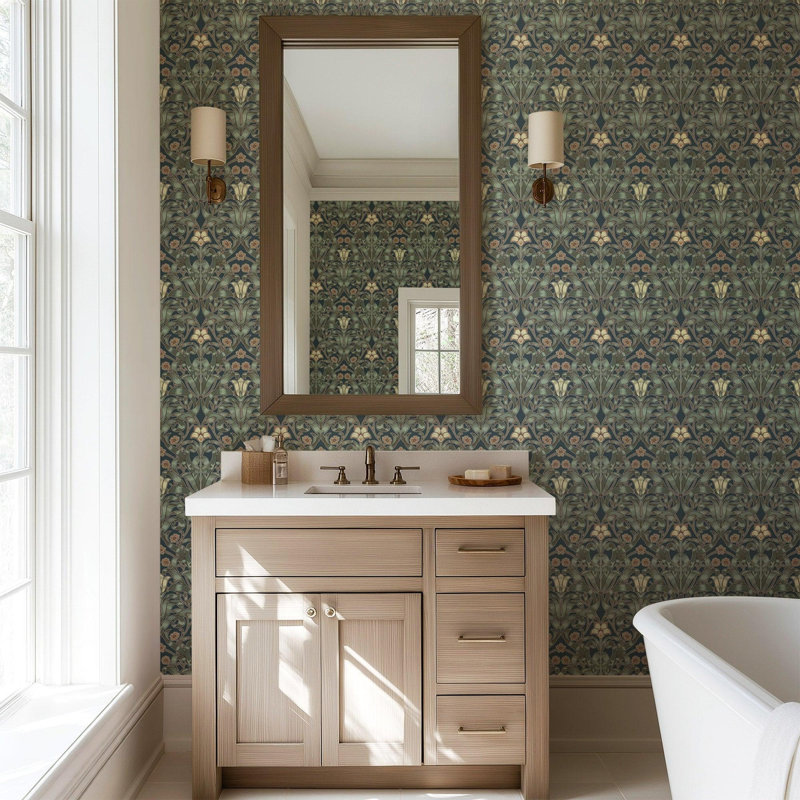 Ribbon Lily - Wallpaper, Oxford Blue, Faux Grasscloth, Non-Pasted