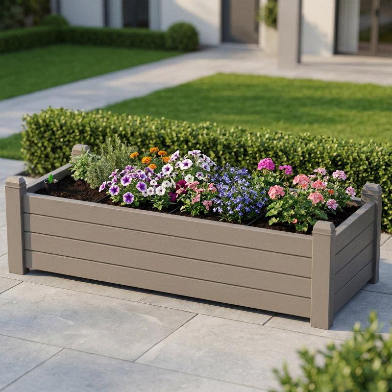 Outdoor Weatherproof Raised Planter Box with Drainage Holes, Gray
