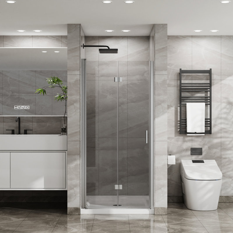 34"X 72" Glass Shower Door. Finish. 1/4" Tempered Pivot Swing. Foldable For Space Saving. Zinc Alloy Parts To Rust & Corrosion. Seals Water Leakage. 180 Pivot. Easy Installation Clear Glass.
