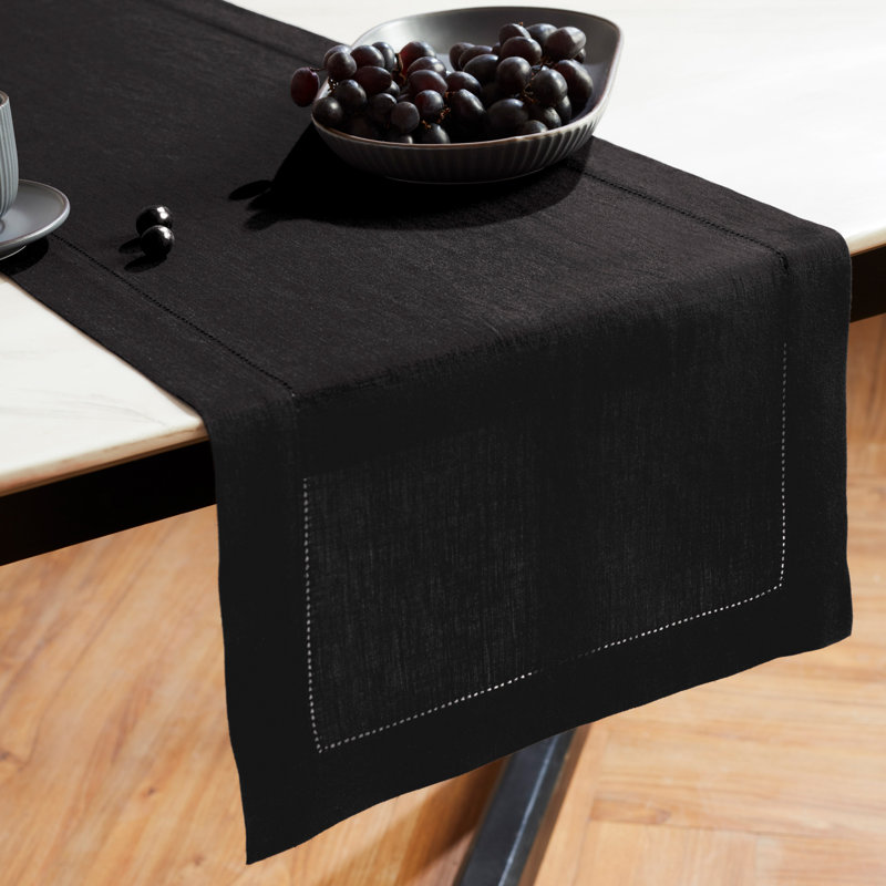 Sonoma Hemstitch - 100% Pure Linen Table Runner, Black, 36" x 14"