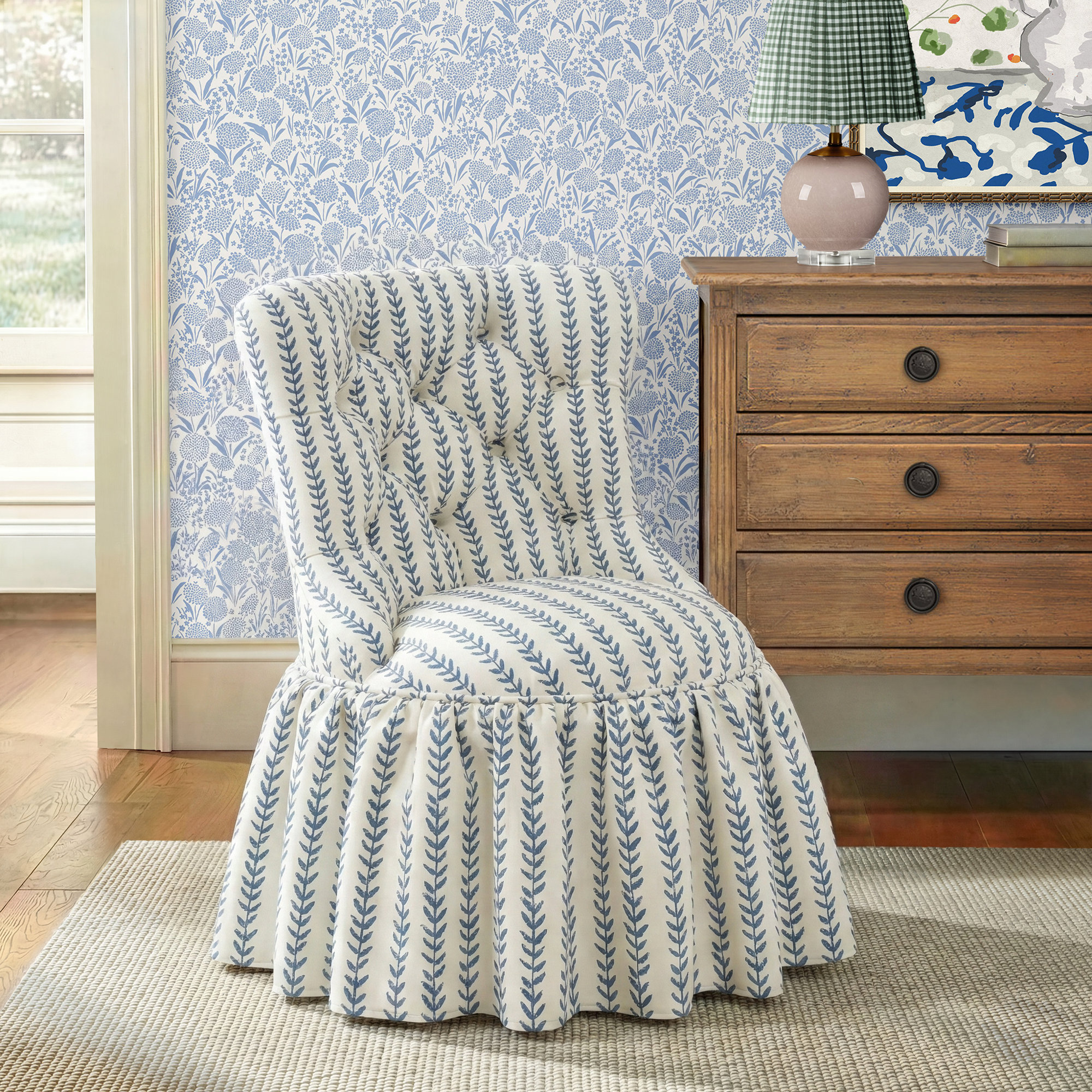 Minnie Upholstered Side Chair, Vine Stripe Dusty Blue